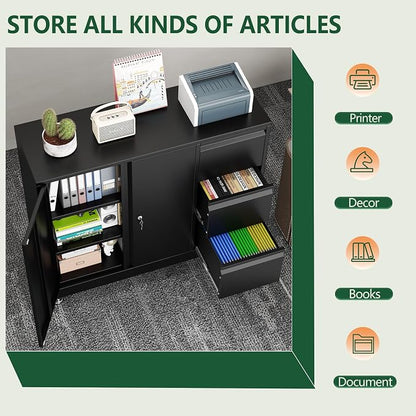 winiowa Mobile 3-Drawer File Cabinet with Wheel, Metal Lateral Rolling Printer Stand Filing Cabinets with Lock, Office Storage Cabinet for Office, Home, Garage, School, Gym-Black