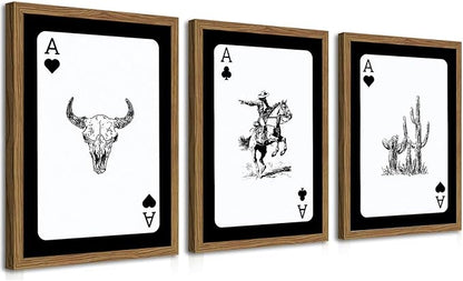 Western Cowboy Wall Art Set Of 3 Cowboy Print Playing Card Inspired Southwestern Canvas Poster Trendy Western Wall Decor Longhorn Bull Skull Room Decor for Bedroom Living Room Framed 12x16 inch