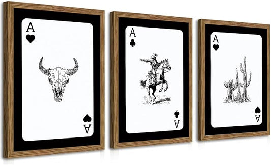 Western Cowboy Wall Art Set of 3 Cowboy Print Playing Card Inspired Southwestern Canvas Poster Trendy Western Wall Decor Longhorn Bull Skull Room Decor for Bedroom Living Room Framed 16x24 inch