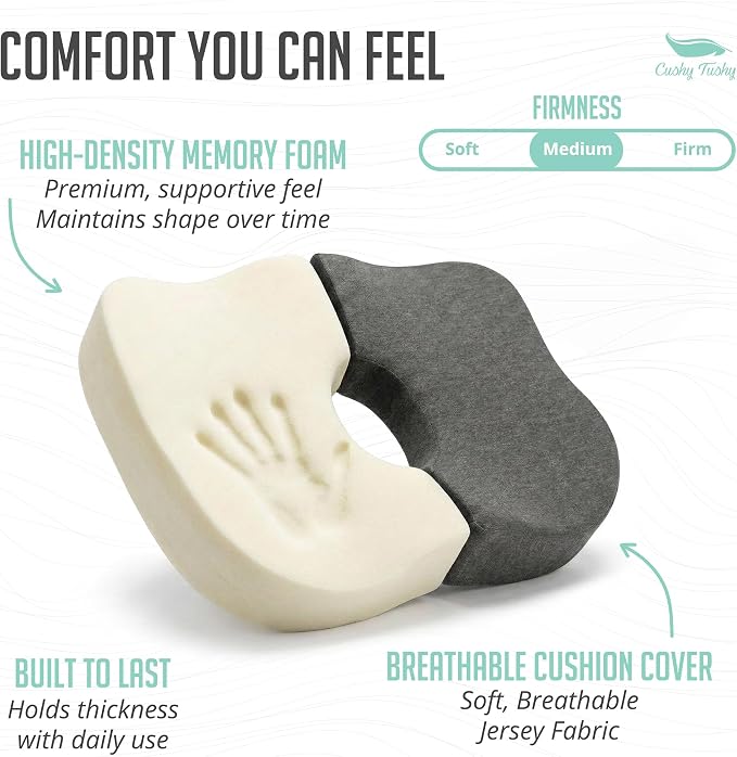 Cushy Tushy Tailbone Pain Relief Cushion - Premium Foldable Travel Tailbone Seat Cushion - for Relief of Lower Back, Sciatic, Butt and Tailbone Pain - Perfect for Home, Office & Driving