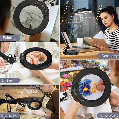 12X Magnifying Glass with Light, Krstlv Upgrade Button 5 Color Modes Stepless Dimmable 2-in-1 LED Lighted Desk Lamp & Clamp, Hands Free Magnifier with Light and Stand for Craft Hobby Repair Close Work