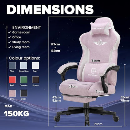 GTPLAYER Gaming Chair, Computer Office Chair Lumbar Support, Linkage Armrests and Footrest, Ergonomic Game Chair for Adults with Extended Backrest, Linen Fabric, Pink
