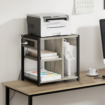 GAOMON Under Desk Printer Stand with Charging Station, Industrial Printer Table with 3 Storage Shelves, Mobile Heavy Duty Printer Cart with Lockable Wheels for Paper Storage, Home Office, Retro Gray