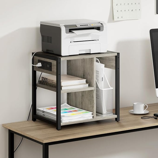 GAOMON Under Desk Printer Stand with Charging Station, Industrial Printer Table with 3 Storage Shelves, Mobile Heavy Duty Printer Cart with Lockable Wheels for Paper Storage, Home Office, Retro Gray