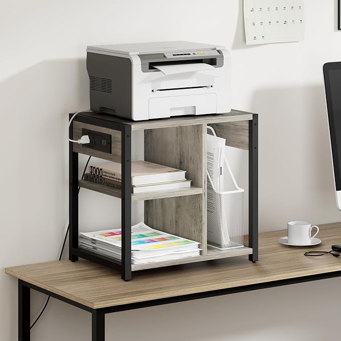 GarveeLife Small Printer Stand with Power Outlets, Rolling Printer Table with Lockable Wheels, Under Desk Printer Cart with Storage, Utility Storage Cart for Home, Office, Gray