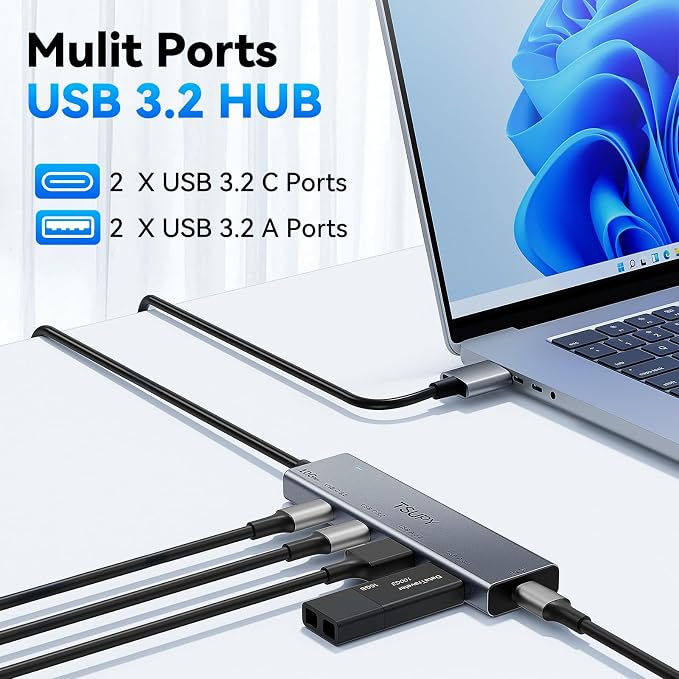 USB HUB 3.2, TSUPY USB 3.0 HUB 10Gbps USB 3.2 Gen 2 USB HUB with 4 Multi USB Ports, 4FT Extended Cable HUB for MacBook Air/Pro,Laptop,PC and More