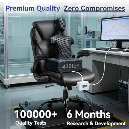 Brage Living 400LBS Big and Tall Office Chair, Leather Executive Desk Chair with Padded Flip-up Arms, Heavy Duty Swivel Rolling Computer Chair for Home Office, Black, Set of 2