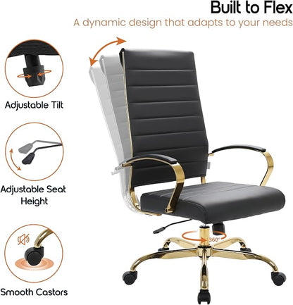 LeisureMod Modern High-Back Leather Office Chair - Swivel & Adjustable Executive Desk Chair with Gold Frame, Ergonomic Design for Home & Office (Black, Set of 4)