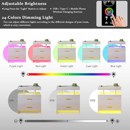 HNEBC Auto LED Nightstand with Wireless Charging Station & USB Ports,High Gloss Bedside Tables with 2 Drawers,Floating Nightstand with 3 Color & Adjustable Brightness for Bedroom,White