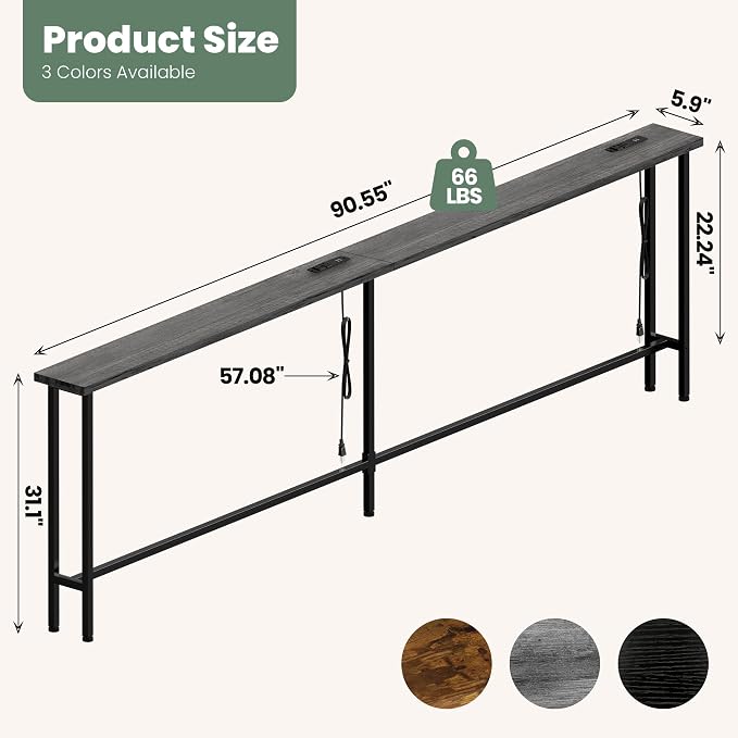 GRLEAF 90" Sofa Table with Built-in Power Strip (4 AC Outlets & 4 USB Ports) – 4.9ft Power Cord, Metal Frame, Easy Assembly, Long Couch Table Behind Sofa, Living Room and Home Office | Charcoal Gray