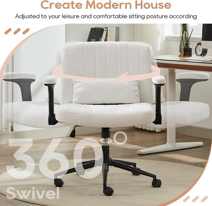 IPKIG Criss Cross Chair with Adjustable Flip-up Arms, Vanity Chair with Wheels, Comfy Desk Chair with Lumbar Pillow Swivel Wide Office Chair for Home Office, Bedroom, Linen, White