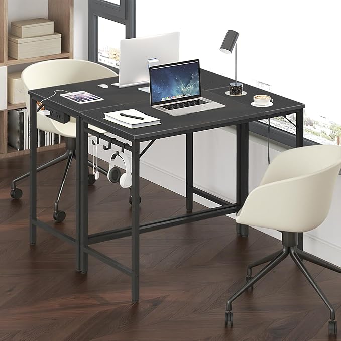 HOOBRO Computer Desk, Home Office Desk with Power Outlet, Modern Study Writing Desk with 3 Hooks for Study Room, Home Office, Sturdy and Stable, Easy to Assemble, Black BB40UDN01