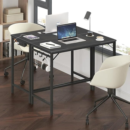 HOOBRO Computer Desk, Home Office Desk with Power Outlet, Modern Study Writing Desk with 3 Hooks for Study Room, Home Office, Sturdy and Stable, Easy to Assemble, Black BB40UDN01