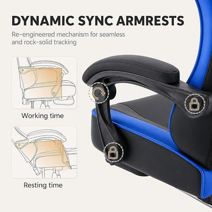 Office Desk Computer Gaming Chair for Adults, Ergonomic High Back Gamer Chair with Massage and Pocket Spring Cushion, Swivel Comfy Video Game Chairs with Footrest and Lumbar Support (Black Blue)