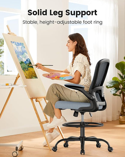 ErGear Drafting Chair,Tall Office Chair with Flip-Up Armrests, High Desk Chair Adjustable Height and Adjustable Footrest Ring, Ergonomic Standing Desk Chair with Lumbar Support, Blue,2 Pack