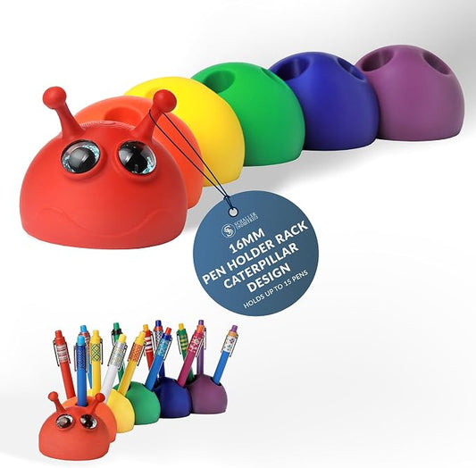 Schaller Industries Aesthetic Pen Holder for Desk 16mm Slot Size-Fun Rainbow Caterpillar Pencil Holder - Cute Desk Organizer Holds 15 Pens, Compatible with Pencils, Markers & Office School Supplies