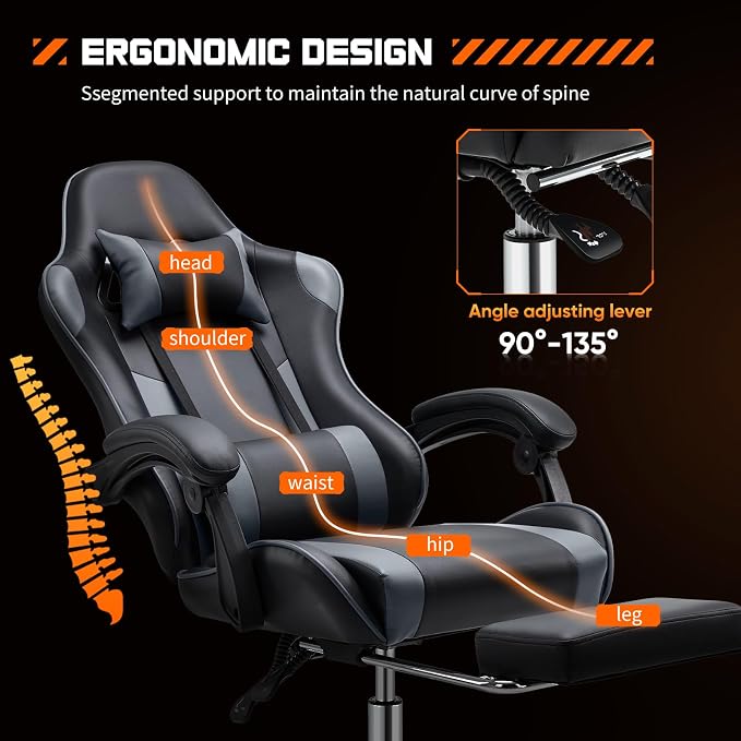 NEWBULIG Computer Gaming Desk Chair - High Back Ergonomic Lumbar Support with Footrest and Headrest, Comfy PU Leather Recliner with Linkage Armrest, Height Adjustable and 360° Swivel, Grey