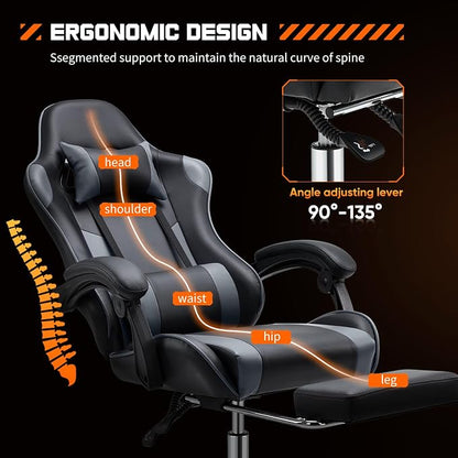 Sweetcrispy Computer Gaming Chair with Footrest, Ergonomic High Back PU Leather Video Racing Chair with Adjustable Headrest & Linkage Armrest, for Office and Home, Adults, Grey