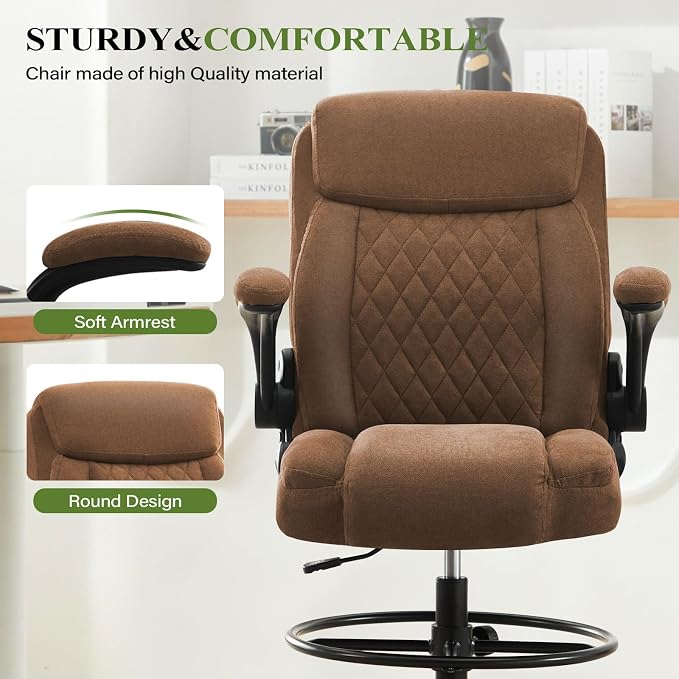 Drafting Chair Tall Office Chair for Standing Desk, Ergonomic Tall Desk Chair with Adjustable Foot Ring, Flip-Up Armrests, Lumbar Support, Comfortable Fabric Seat – Ideal for Home and Office Use