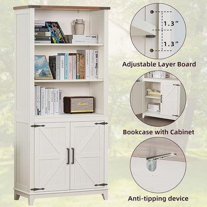 Joaxswe 5 Tier Bookshelf 70in Tall Bookcase with Barn Doors and Storage Cabinet, White Farmhouse Book Shelf with Adjustable Shelves, Wood Freestanding Display Bookshelves for Bedroom, Living Room