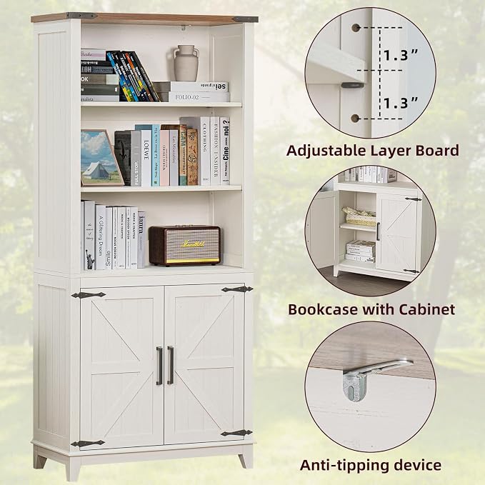 Joaxswe 70in Tall Bookshelf 5 Tier Bookcase with Barn Doors and Storage Cabinet, White Farmhouse Book Shelf with Adjustable Shelves, Wood Freestanding Display Bookshelves for Bedroom, Kitchen (3PCS)