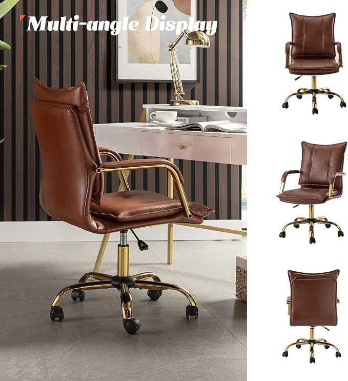 HULALA HOME Faux Leather Home Office Desk Chair, Adjustable Swivel Computer Chair with Golden Legs and Arms, Comfy Upholstered Task Chair, Brown