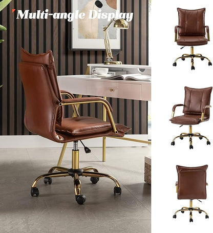 HULALA HOME Faux Leather Home Office Desk Chair, Adjustable Swivel Computer Chair with Golden Legs and Arms, Comfy Upholstered Task Chair, Brown