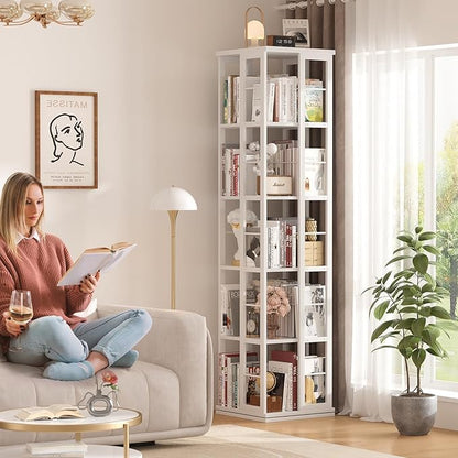 Aheaplus Rotating Bookshelf, Corner Bookcase, 360 Display Wood Spinning Bookshelves, Floor Standing Bookcases Narrow Shelf, 5 Tiers, White