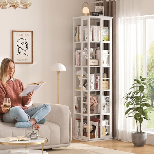 Aheaplus Rotating Bookshelf, Corner Bookcase, 360 Display Wood Spinning Bookshelves, Floor Standing Bookcases Narrow Shelf, 5 Tiers, White