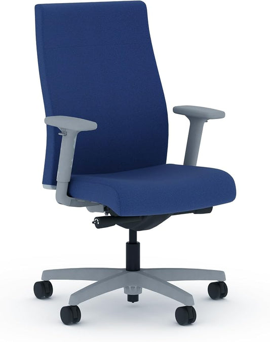 HON Ignition 2.0 Ergonomic Office Chair with Adjustable Arms, Advanced Synchro‑Tilt Recline, Upholstered Desk and Computer Chair for Home Office or Workstation, Titanium Frame, Indigo