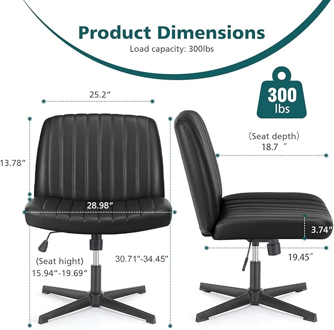OLIXIS Criss Cross Legged Chairs No Wheels, Wide Seat Height Adjustable Swivel Chair,Padded PU Leather Armless Desk Chair for Home Office Bedroom, Student, Study Room,Black-Pu