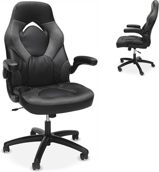 RESPAWN 3085 Ergonomic Gaming Chair for Adults, High Back Office Chair with Headrest and Flip Up Arms, Leather Racing Style Gaming Seat with Lumbar Support, Video Game Computer Desk Seat - Gray