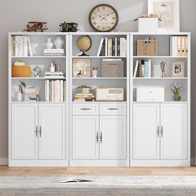 Thacuok 72'' Tall Bookcase with Doors and Drawers, Adjustable Shelves, P2 MDF Construction, 32'' Wide Freestanding Cabinet with Metal Handles, Hidden Storage for Living Room, Bedroom