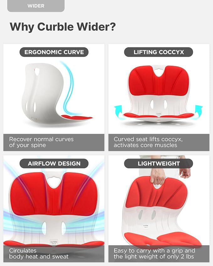 curble Wider 2 Pack – Ergonomic Desk Chair Seat Cushion, Everyday Passive Posture Trainer for Work from Home, Office & Car, Breathable Lumbar Support (Red)