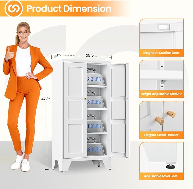 Metal White Storage Cabinet with 2 Doors and 3 Adjustable Shelves, 47.3" Tall Kitchen Pantry cabinets, Modern Food Pantry Cabinet,4 Tier Freestanding Framed Panel Door Cupboard for Kitchen Dining Room
