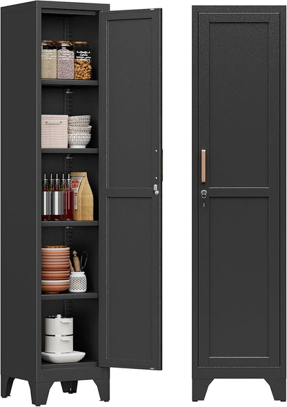 67"H Black Metal Locker with 1 Lockable Door and 4 Adjustable Shelves For Employees, 5 Tier Small Storage Cabinet with Detachable Legs and Vintage Handle for Kitchen,Office,Gym,School,Easy Assembly