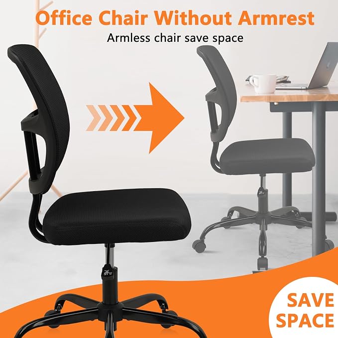 CLATINA Home Office Chair No Arms with Wheels, Adjustable Height Small Desk Chair, Ergonomic Mesh Rolling Work Swivel Chairs, 360 Swivel Computer Chair for Office, Reading Meeting Room 2PK(Black)