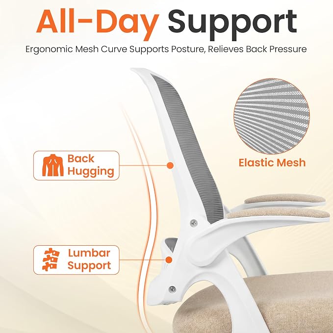 NEO CHAIR Office Chair Computer Desk Chair Ergonomic Gaming Comfy Mesh with Flip-up Arms Lumbar Support Adjustable Height Rolling Wheels for Home Office (Beige)