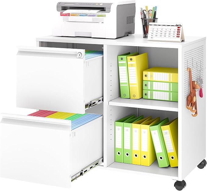 BYNSOE 2-Drawer File Cabinet Mobile Filing Cabinet with Lock Lateral File Cabinet Printer Stand with Open Storage Shelves for Home Office (White, Left Drawer)