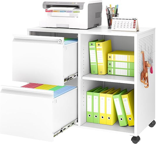 BYNSOE 2-Drawer File Cabinet Mobile Filing Cabinet with Lock Lateral File Cabinet Printer Stand with Open Storage Shelves for Home Office (White, Left Drawer)