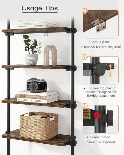 ALLZONE Adjustable Tall Narrow Bookshelf, 5-Tier Floor-to-Ceiling Tension Mount Ladder Book Shelf with Storage for Versatile Uses, Fits 92-116 Inch Ceilings, 27.84-Inch Wide Wood Shelves, Rustic Brown