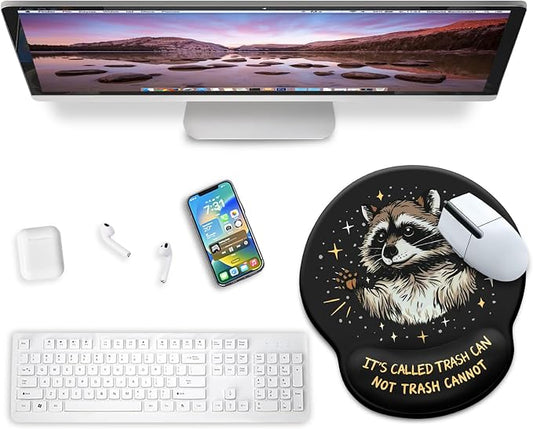 Mouse Pad with Wrist Rest, Funny Trash Raccoon Ergonomic Mousepad Wrist Support for Desk, Cute Animial Gaming Mousepads for Wireless Mouse Computer Work Home Desk Accessories Office Supplies Black