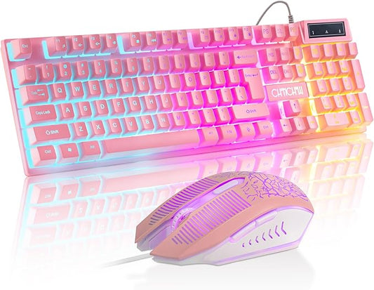 CHONCHOW Pink Gaming Keyboard and Mouse Combo with LED, 104 Keys Wired Light Up Pink Keyboard and Cute Mouse Set for PC Laptop Computer PS4 PS5 Xbox, 19 Keys Anti-ghosting, Multimedia Keys, Number Pad
