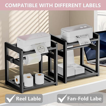 Label Holder for Rolls and Fanfold Labels, Wooden Thermal Sticker Label Printer Holder for Desktop, Sticker Roll Holder for Home Office Small Business Essentials, Black