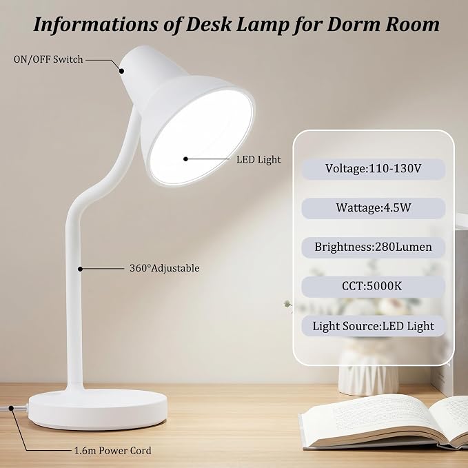 LED Desk Lamp with Flexible Gooseneck, Eye-Caring 4.5W Energy-Saving Study Lamps, Anti-tip Heavy Duty Bedside Reading Light, Desk Lamps for College Dorm Room, Home Office, Modern Lamp with 1.6m Cord