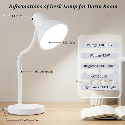 LED Desk Lamp with Flexible Gooseneck, Eye-Caring 4.5W Energy-Saving Study Lamps, Anti-tip Heavy Duty Bedside Reading Light, Desk Lamps for College Dorm Room, Home Office, Modern Lamp with 1.6m Cord