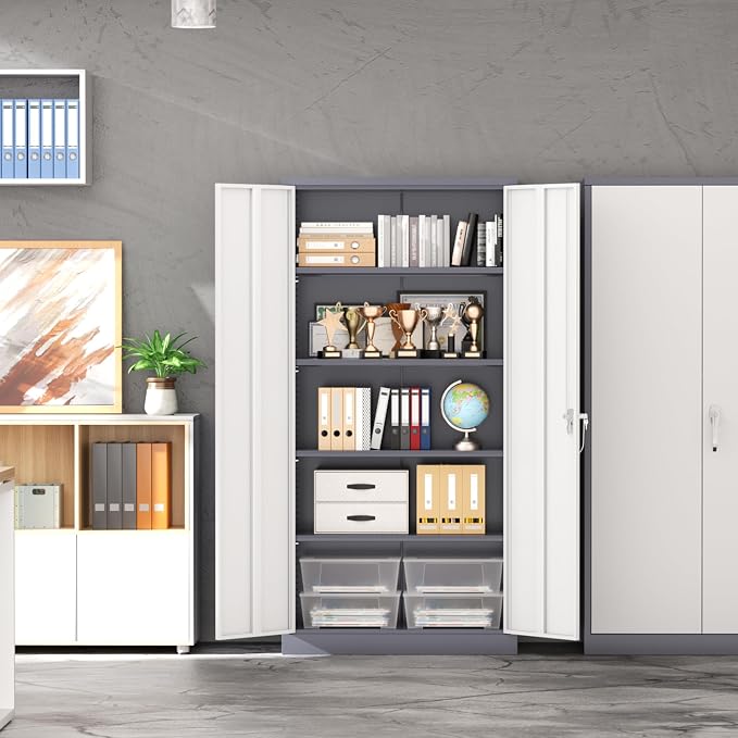 INTERGREAT Metal Garage Storage Cabinet with Lock, 72" Storage Cabinet with Locking Doors and 4 Adjustable Shelves, Lockable Steel Tool Cabinet for Home Office, School, Double Grey