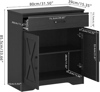 Panana Wooden Cabinet 1 Drawer and 2 Doors Storage Cupboard Coffee Bar Sideboard Farmhouse Entryway Organizer Console (Black)