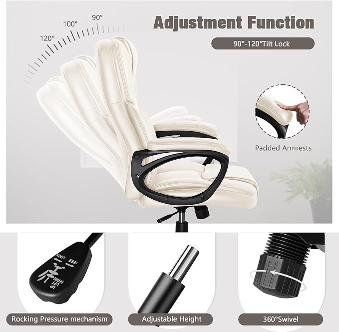 JUMMICO Executive Office Chair High Back Managerial Home Desk Chair, Adjustable Swivel Computer PU Leather Chair with Lumbar Support (Beige)