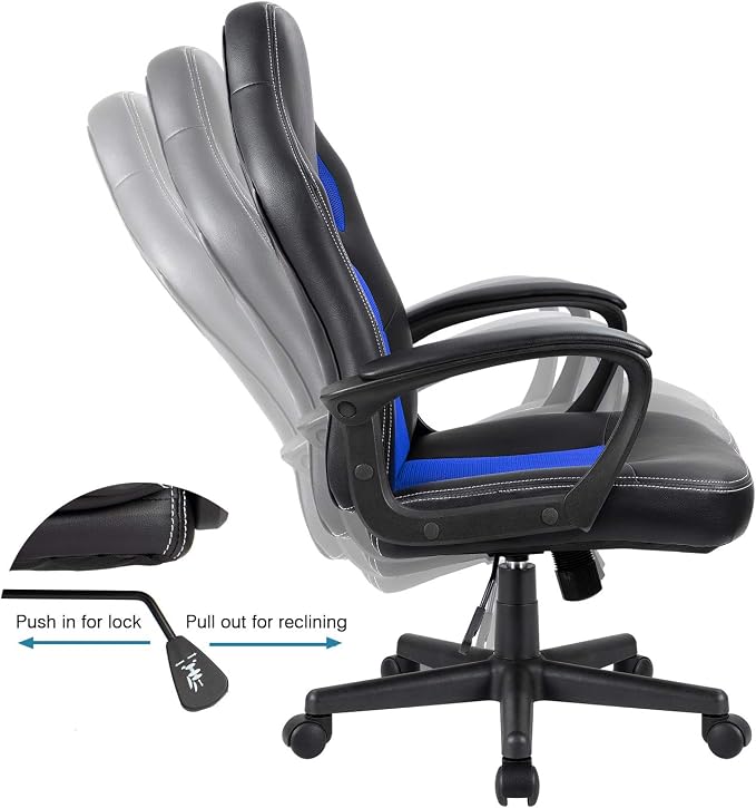 Furmax Blue Leather Office Chair with Adjustable Swivel Base, Padded Armrests and Lumbar Support